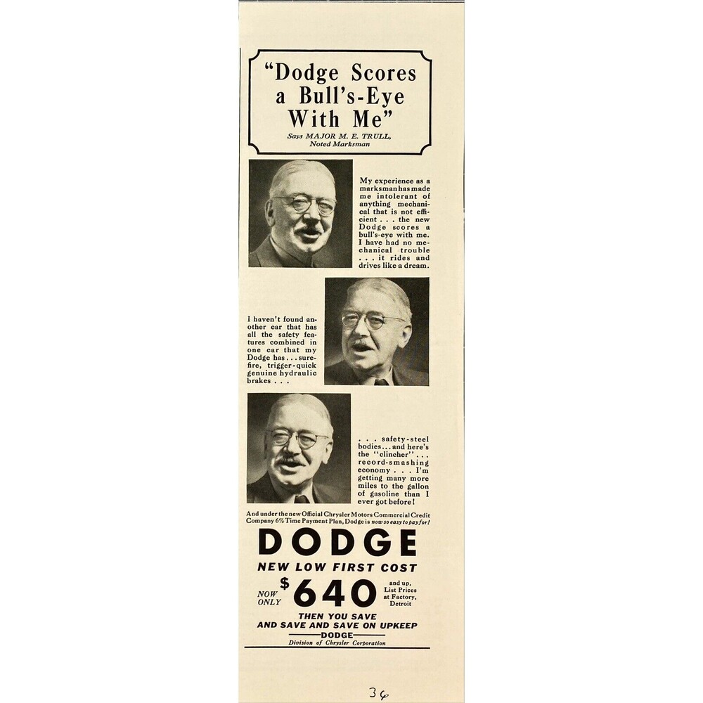 Dodge "Dodge Scores a Bull's Eye" says Major Trull a Marksman Vtg Print Ad 1936